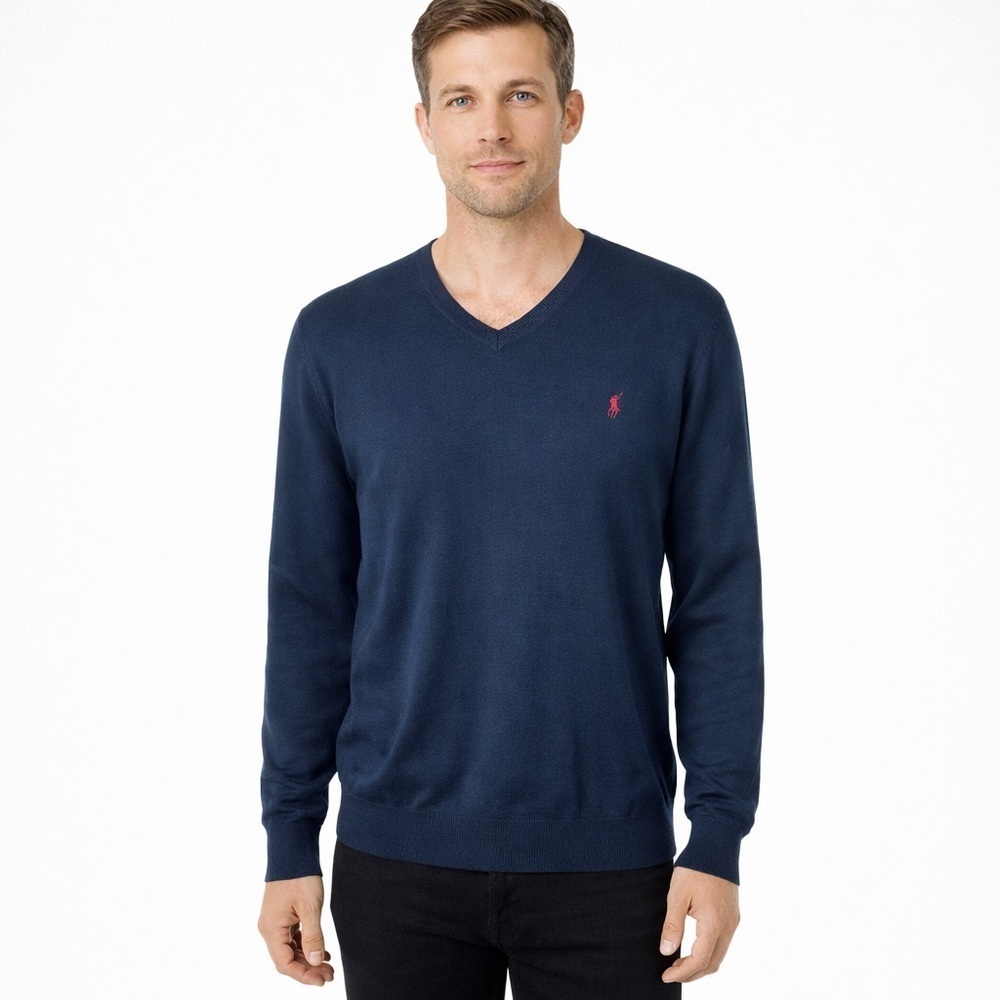 Vintage Polo Ralph Lauren Navy Sweater Pima Cotton Red Polo Pony Mens Size XXL